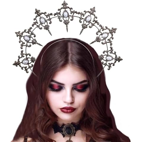 Haomye Gothic Halo Crown Mary Halo Headbands Sunburst Goddess Crown Pearl Halo Crown Headpiece for Women Girls Cover