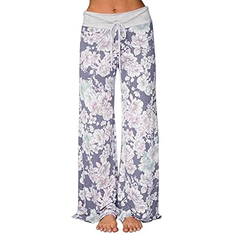 FULKAN Womens Tops Womens Soft Comfy Casual Pajama Pants Floral Print Drawstring Waist Relaxed Fit Wide Leg Palazzo Lounge Pants Plus Size Sleepwear Pj Bottoms(01-Grey,XXL) Cover