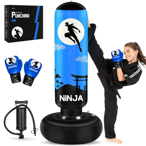 Esnowlee Boxsack für Kinder, Kinder-Boxset mit Boxhandschuhen, 168cm großer aufblasbarer Boxsack, Geschenk für Jungen & Mädchen im Alter von 3-12 Jahren zum Üben von Karate und Taekwondo (Blau-2)