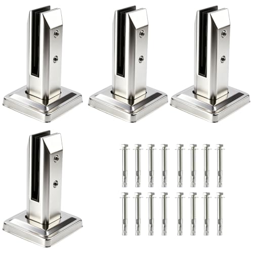 4Pcs 304 Stainless Steel Square Glass Railing Spigots, Heavy Duty Glass Clamp Post Glass Railing System for Balcony, Deck, Pool Fence, Stairs Balusters (Silver)