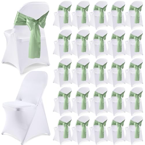 Lounsweer 50 Pcs Folding Chair Cover Set with 25 Stretch Spandex Slipcovers 25 Satin Chair Sashes Bows Ribbon Washable Banquet Protector for Wedding Event Party(White, Sage Green)