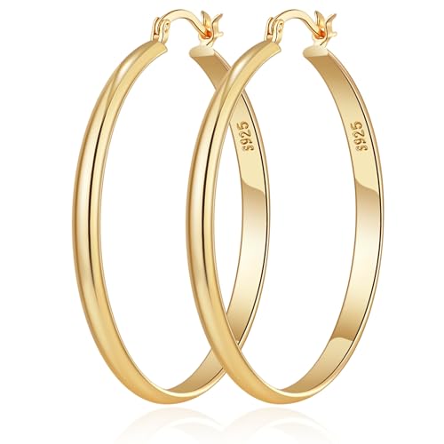 OOOPEL 3mm Wide Large Gold Hoop Earrings for Women Hypoallergenic Sterling Silver Post Gold Earrings Hoops Lightweight 14k Golden Hoop Earrings for Women Wide Big Hoops