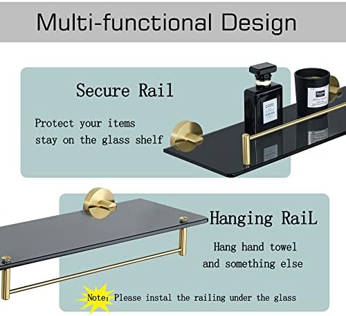 Mooche Tempered Glass Shelf Bathroom Shelf with Rail Wall Mounted 15 Inch, SUS304 Stainless Steel Golden Bracket and Black Tempered Glass, GDL5380HL-GB