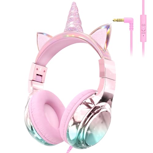 QearFun Unicorn Kids Headphones with Cord Wired Headset for Kids Girls Boys with Mic 85/94dB Volume Limit Foldable Over-Ear 3.5mm On-Ear Design Sharing Port for School Chromebook Tablet Travel