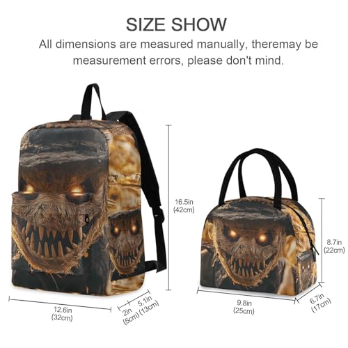 Backpack Lunch Box Set Large Capacity Travel Backpacks and Insulated Lunch Bag for Commute Hiking Picnic Evil Scarecrow Halloween Print2