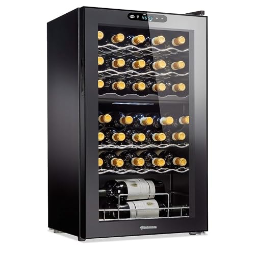 Wine Enthusiast 32-Bottle Dual Zone MAX Compressor Wine Cooler – Freestanding Refrigerator with Split Storage & Temperature, Digital Touchscreen, & LED Display
