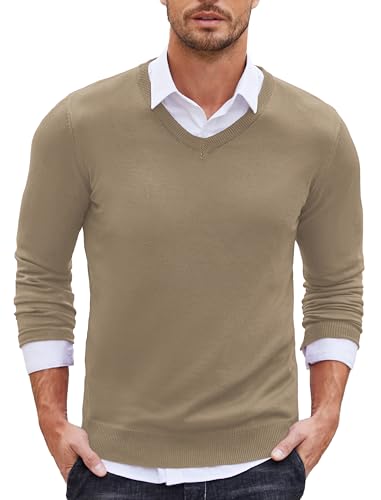 Pull slim fit pour homme col en v COOFANDY maille fine tricoté kaki taille S