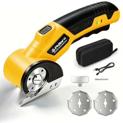 Philorn Cordless Electric Scissors with Safety Lock LED Light & 2 Replacement Blade for Fabric Carpets Plastic Sheet-Aluminum Cardboard with Type-C Charging(Yellow)