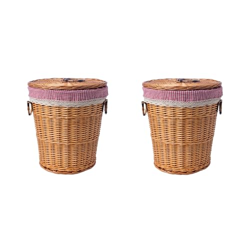 eGenuss Juego de 2 cestos para la ropa de mimbre con tapa 62L Ø43×H48cm – Cestas de almacenamiento tejidas a mano en mimbre natural con forro impermeable y funda de tela roja a cuadros, aprox. 2,2kg