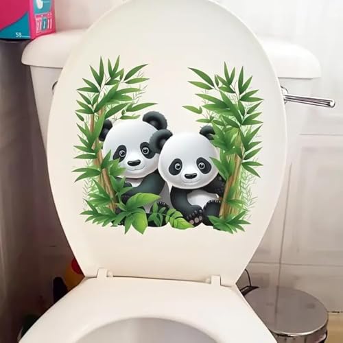 Two Cute Bamboo Forest Panda Toilet Cover Sticker Decals,Fish Bird Flower Leaf Waterproof Toilet Lid Tank Seat Decals Cistern Self-Adhesive Bathroom Wall Sticker