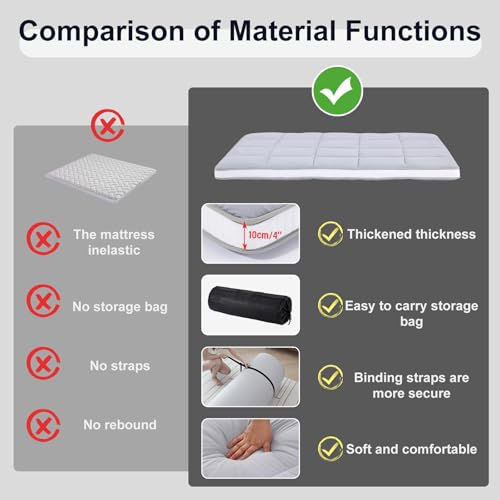 Tiita Japanese Floor Mattress Futon Mattress 4” Thick Folding Roll Up Sleeping Pad with Bag & Strap, Bed Topper Mat for Guest, Lounger and Tavel, Gray,Twin Size