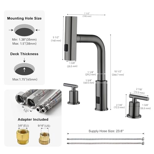Lefton Waterfall Pull-Out Bathroom Faucet 3 Hole with Temperature Display in Fahrenheit (Battery-Free), 8-inch Widespread Vanity Faucet for Bathroom Sink with 2 Handles, Grey, BFWS2401-2 by Lefton - Used condition - US$88.69