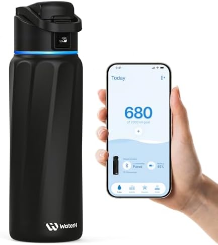 WaterH BOOST Smart Trinkflasche mit Trinkerinnerung, Black, 946 ml | Doppelwandiger Edelstahl mit Vakuumisolierung, BPA-frei, Auslaufsicher, Tracking per App, Ideal für Halloween