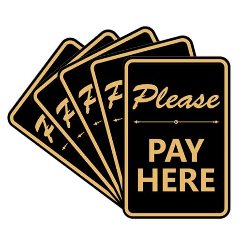Portrait Round Please Pay Here Sign with Adhesive Tape, Mounts On Any Flat Surface (Black Gold) - Medium (5 Pack)