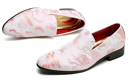 Santimon Mens Penny Loafers Embroidery Casual Slip On Driving Wedding Prom Shoes Moccasins Smoking Slipper Pink4