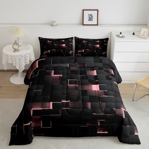 Image of Erosebridal Pink and Black Comforter Set King Neon Geometric Checkered Bedding Set for Kids Girls Teen,Tereoscopic Grids Comforter Square Plaid Quilt Duvet Room Decor 3 Pcs