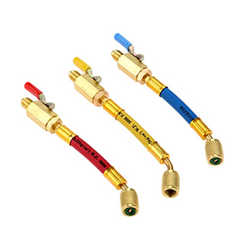R134A R410A R22 R12 Charging Hoses and Ball Valve Set, 3 Pcs Color Coded Hoses/w Ball Valve 1/4 R134A R410A R22 R12 Charging Hoses and Ball Valve Set, 3 Pcs Color Coded Hoses/w Ball Valve 1/4