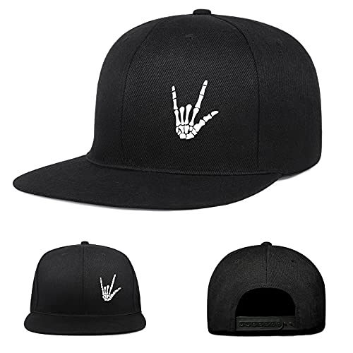 Skeleton Hand Snapback Hats for Men Flat Bill Skull Finger Rock N Roll Trucker Fitted Black Adjustable Baseball Dad Cap Gift Husband Boy Friend Brother Uncle Grandfather Grandpa