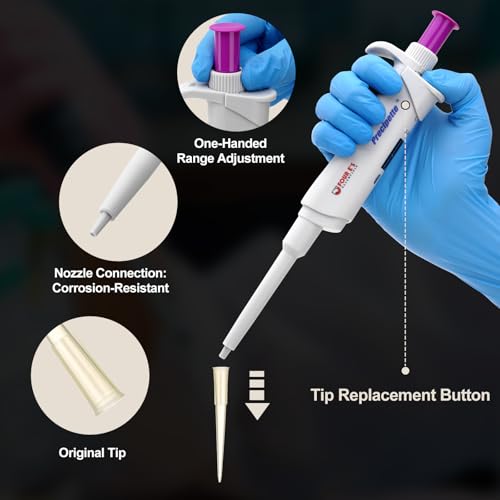 Image of 4E's USA Lab 2-20μL Pipette: Single-Channel Adjustable Micropipette with Color-Coded Top (Purple), 4 Digit Display, Universal Tip Cone, High Accuracy, ISO 8655 Calibrated & Lower Portion Autoclavable