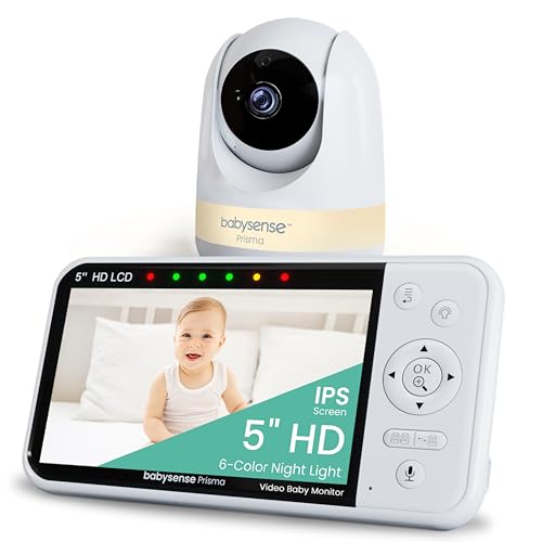 Image of Babysense Prisma Baby Monitor with Camera and Audio, 5” HD Video Baby Monitor, 6-Color Night Light, Split Screen, Baby Sound Machine with White Noise & Lullabies, Secure No WiFi