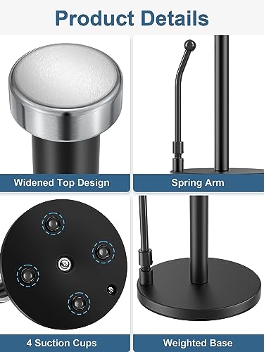 SMARTAKE Paper Towel Holder, Paper Towel Dispenser Standing Weighted Base Non Slip, Spring Arm Fit Most Size Paper Roll, Stainless Steel Paper Towel Holder for Home Kitchen Countertop Tabletop, Black
