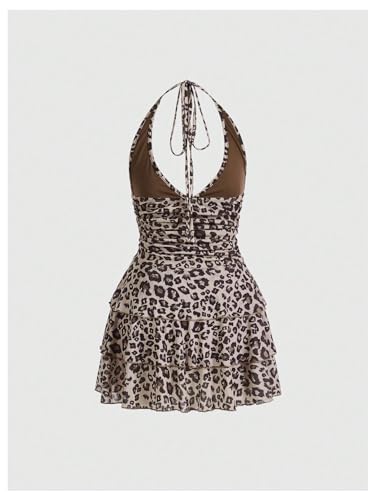 Women's Y2K Leopard Print Halter Dress Sexy Ruched Tie Backless Tiered Layer Mini Dresses Cheetah Mesh Ruffle Dress2