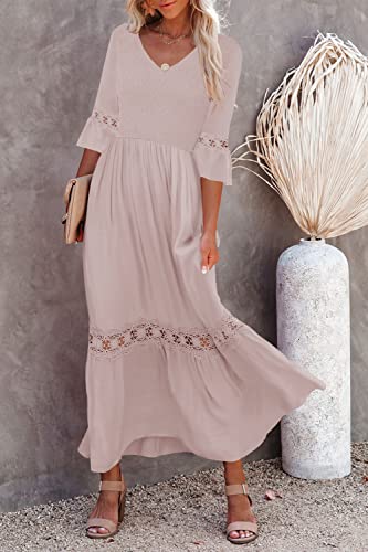 Ferlema Women's Fall Maxi Dress Casual 3/4 Sleeve Boho Dress High Waist Smocked Flowy Long Beach Dresses Pink Large #TOP4
