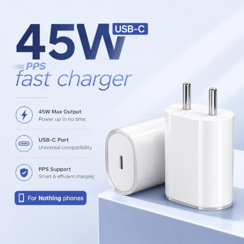 Image of 45W [Original BIS Certified] Type C PPS Fast Charger Adapter for Nothing /CMF Phones | Compatible with Nothing Phone 4b /4a /3a /2a /3 /2 /Pro /Plus /Lite /CMF Phone 1 /2 Pro & More with 1 Year Warranty