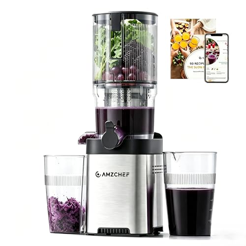 Image of AMZCHEF Cold Press Juicer 5.4" Wide Feed Chute, Masticating Juice Extractor with Large Auger & Triple Strainers, High Yield, Easy to Clean, Silver Stainless Steel