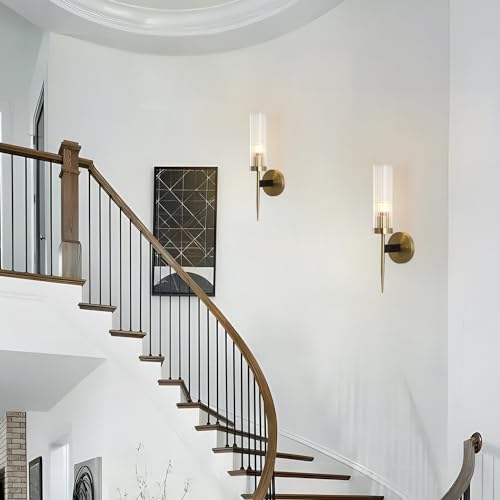 Image of BOKT Modern Cylinder Sconces Wall Lighting Set of Two Mid Century Antique Brass Gold 1-Light Wall Sconce Set of 2 Clear Crystal Glass Wall Sconce Lamp for Bathroom