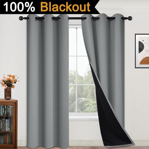 Image of Yakamok Dove Grey 100% Blackout Curtains 84 Inches Long 42 inch Wide 2 Panel | Blackout Curtain Panels for Bedroom, 2 Thick Layers Grommet Top Thermal Insulated Drapes with Black Liner for Living Room