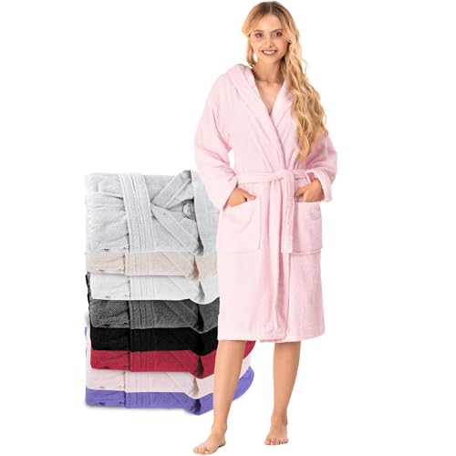 Twinzen Bademantel Damen - 100% Baumwolle (350g/m²) OEKO-TEX® Zertifiziert - Morgenmantel Damen mit Kapuze, 2 Taschen, Gürtel - Rosa - M