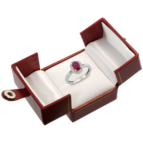 14K White Gold Diamond Enhanced Genuine Ruby Engagement Ring Oval 7X5Mm, Size 8 #TOP1