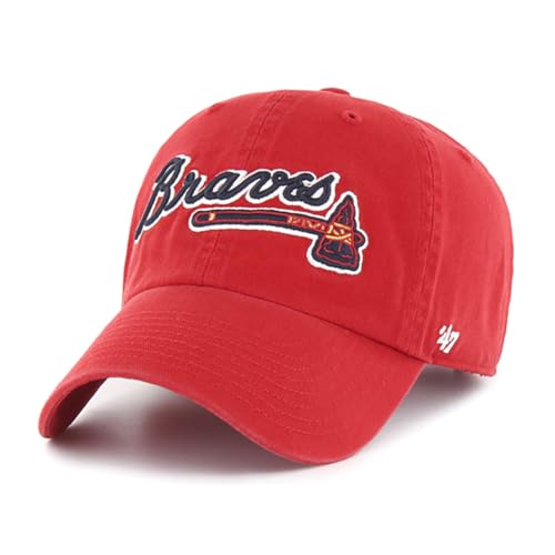47 Brand MLB Unisex Team Color Home Primary Logo Clean Up Adjustable Baseball Cap Dad Hat Adult One Size Fits All - Atlanta Braves - Red
