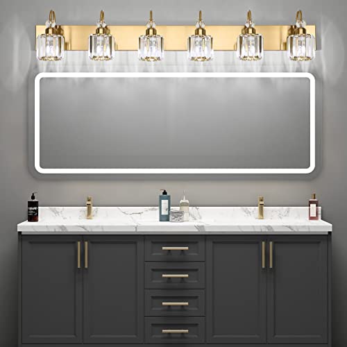 Image of Ralbay Gold Crystal Vanity Lights for Bathroom 6-Lights Brass Gold Crystal Bathroom Vanity Lights Over Long Mirror Modern Crystal Bathroom Wall Lighting Fixtures