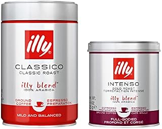 Bundle of illy Coffee, Classico Ground Coffee, Medium Roast, 250g + illy Intenso Ground Coffee, Dark Roast, 100% Arabica Coffee Beans, 125g