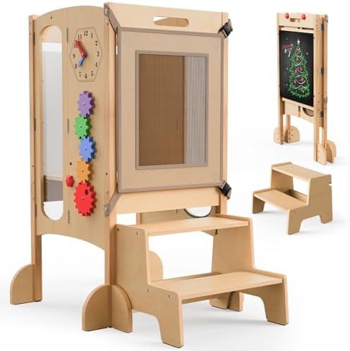 JUZBOT Toddler Tower Foldable Toddler Kitchen Stool Helper with 2 Step Stool Wooden Toddler Stool with Safety Net Adjustable Height Chalk Whiteboard Montessori Activity Game