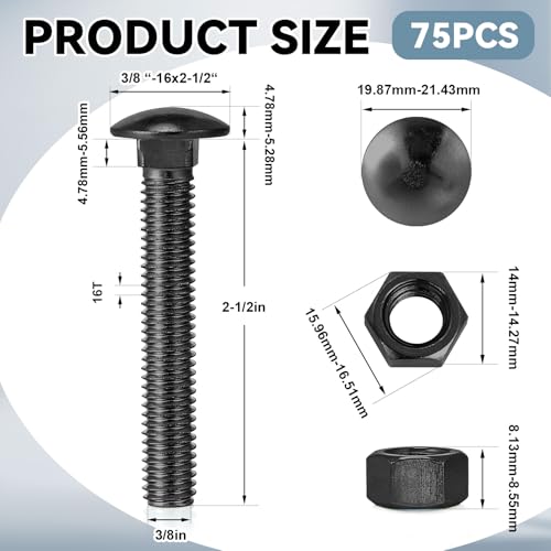 Image of Yaocom 75 Pack 3 /8 x 2 1 /2 inch Long Carriage Bolts with Nuts, Galvanized Steel (Black)