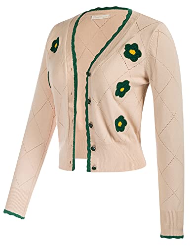 Belle Poque Women's Long Sleeve Flower Embroidery Cardigans Sweater Coat Khaki Knit #TOP1