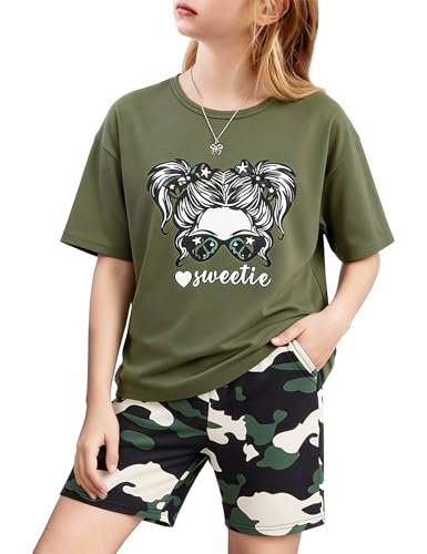 Image of mksodopy Girls Summer Clothse Graphic Print Front and Back High and Low Irregular T-shirt Cycling Shorts Set