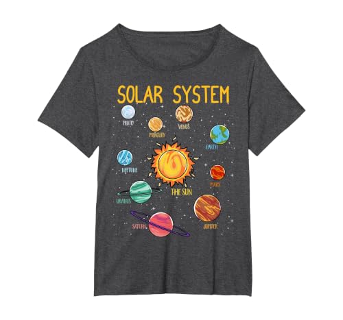 Solar System Planets Science Space Boys Girls STEM Kids T-Shirt, Women's Plus, Dark Heather Grey, 1X