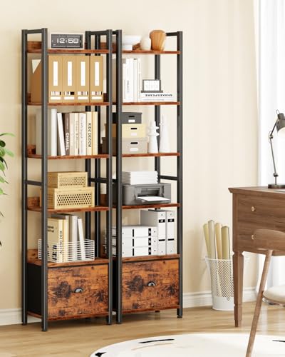 Image of Furologee Book Shelf Set of 2, 6 Tier Tall Shelf with Drawer, Bookshelves and Bookcases Set of 2, Industrial Display Shelving Unit for Bedroom, Living Room, Home Office, Rustic Brown