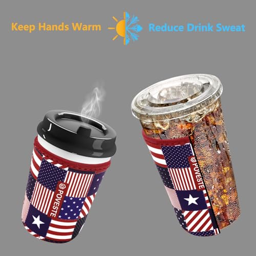 Image of Reusable Neoprene Insulator Sleeve for Iced Coffee & Cold Soda, Coffee Sleeves for Iced & Hot Drinks, Cold Beverage Cooler Compatible with Starbucks, Dunkin (Patriotic Flags, Large: 32oz)