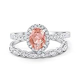 Blue Apple Co. Halo 2-Piece Art Deco Wedding Engagement Bridal Set Ring Band Oval Simulated Morganite Round Cubic Zirconia 925 Sterling Silver, Size-6