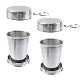 MY MIRONEY 2PCS Stainless Steel Collapsible Cup Telescopic Shot Glasses Portable Outdoor Folding Cup with Metal Keychain and Lid for Travel, Camping, Picnic (2.5 Oz)