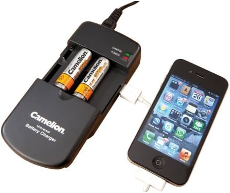 Camelion Universal Battery Charger LBC-312 charging two AA batteries and a smartphone simultaneously.