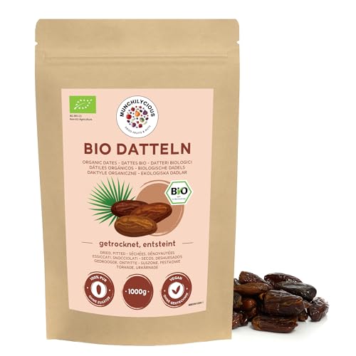 Dátiles deshuesados bio 1kg de Munchilycious, dátiles deshuesados, dátiles enteros y sin endulzar, snacks de frutas, aderezo perfecto para muesli, cereales o gachas de desayuno