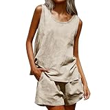 Women's 2026 Summer 2 Piece Linen Short Sets Sleeveless Crewneck Tank Tops Matching Sets Athletic Workout Gym Beach Outfits with Pockets