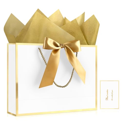 Image of JMANNI Gift Bags with Handles, 13 inch Medium Gift Bags with Tissue Paper | 1 Pcs White Bag, 2 Tissue Paper and 1 Cards, for Baby Shower, Wedding Bridal Shower, Birthday Party