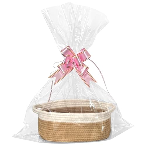 Decorative Empty Gift Basket Set with Gift Bag & Ribbon Bow 12x8x5 inch Woven Rope Hamper for DIY Gifting Baby Showers New Moms & Special Occasions (Khaki)